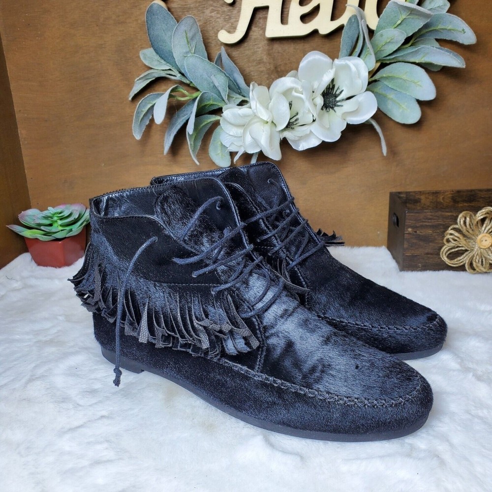 Jenni Kayne Moccasins Ponyhair Booties Lace Up Ankle Boots Black 37.5 Fringe